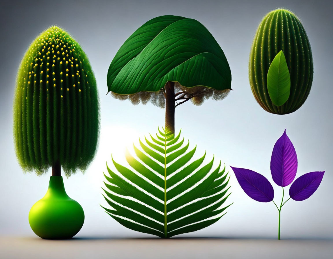 Stylized trees and plants with unique green canopies on neutral background