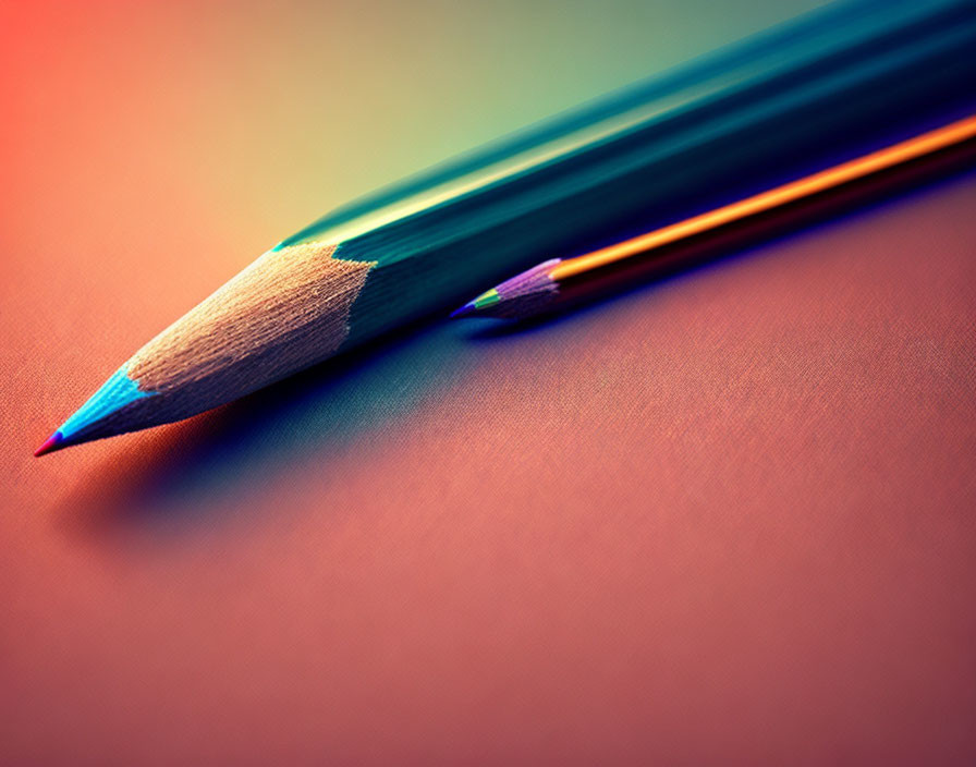 Two pencils on smooth surface: one sharpened, orange and teal gradient background