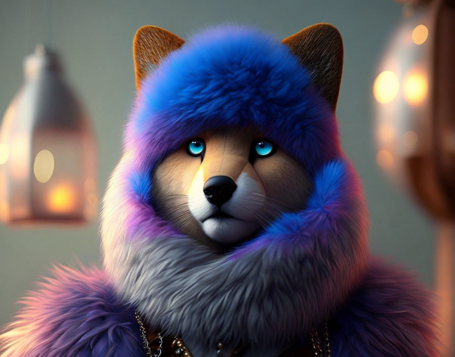 Colorful Fox with Blue Fur and Purple Neck wearing Chain Necklace