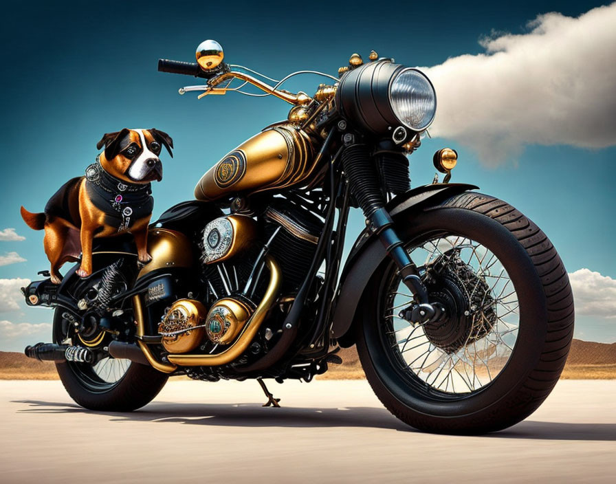 Dog in sunglasses and bandana on vintage motorcycle under cloudy sky