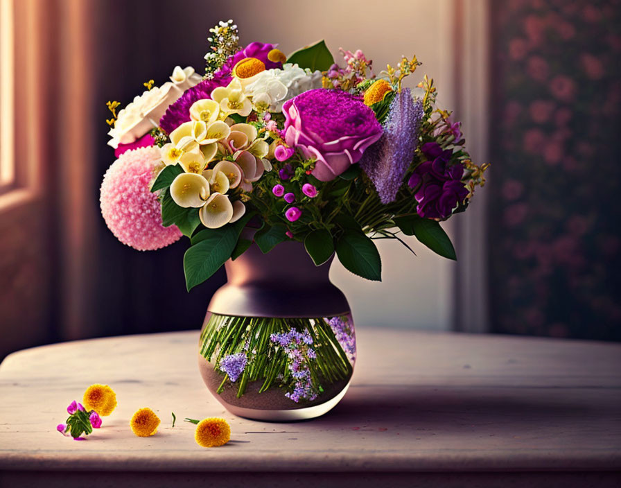 Colorful Flower Bouquet with Roses and Hydrangeas in Reflective Vase on Wooden Surface