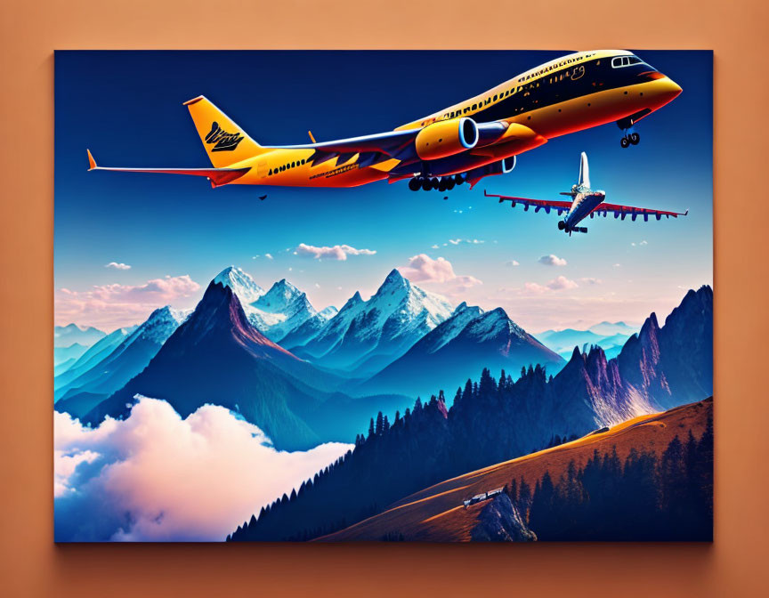 Digital Art: Airplanes Flying over Snow-Capped Mountains