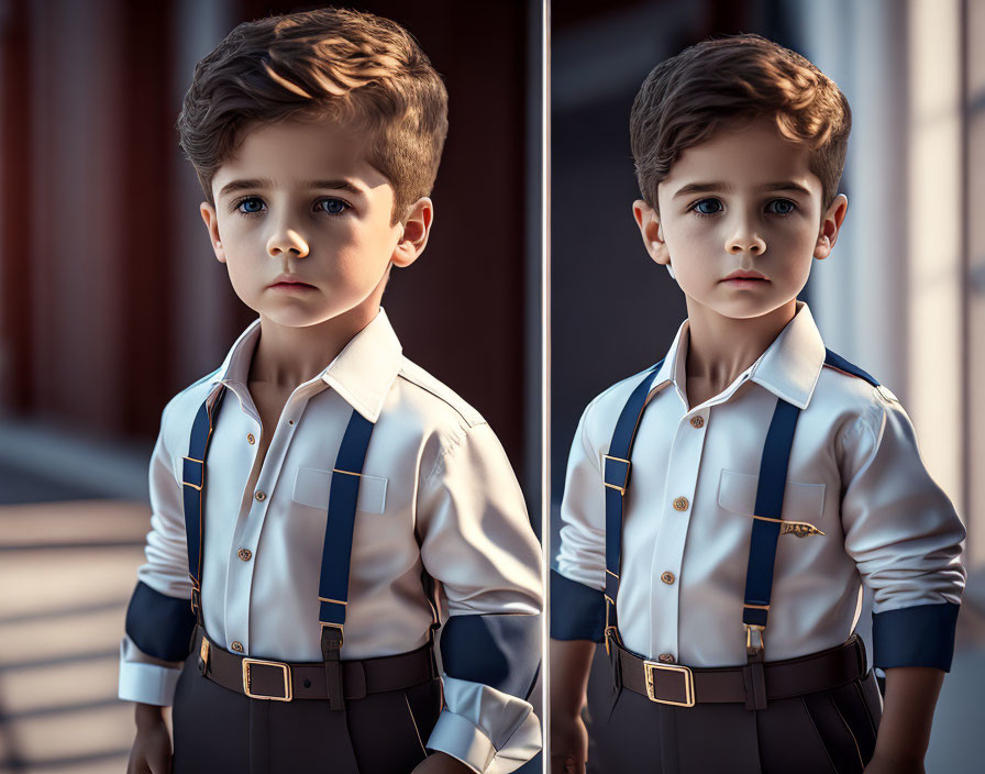 Young boy in white shirt and suspenders by window with stylish haircut and serious gaze