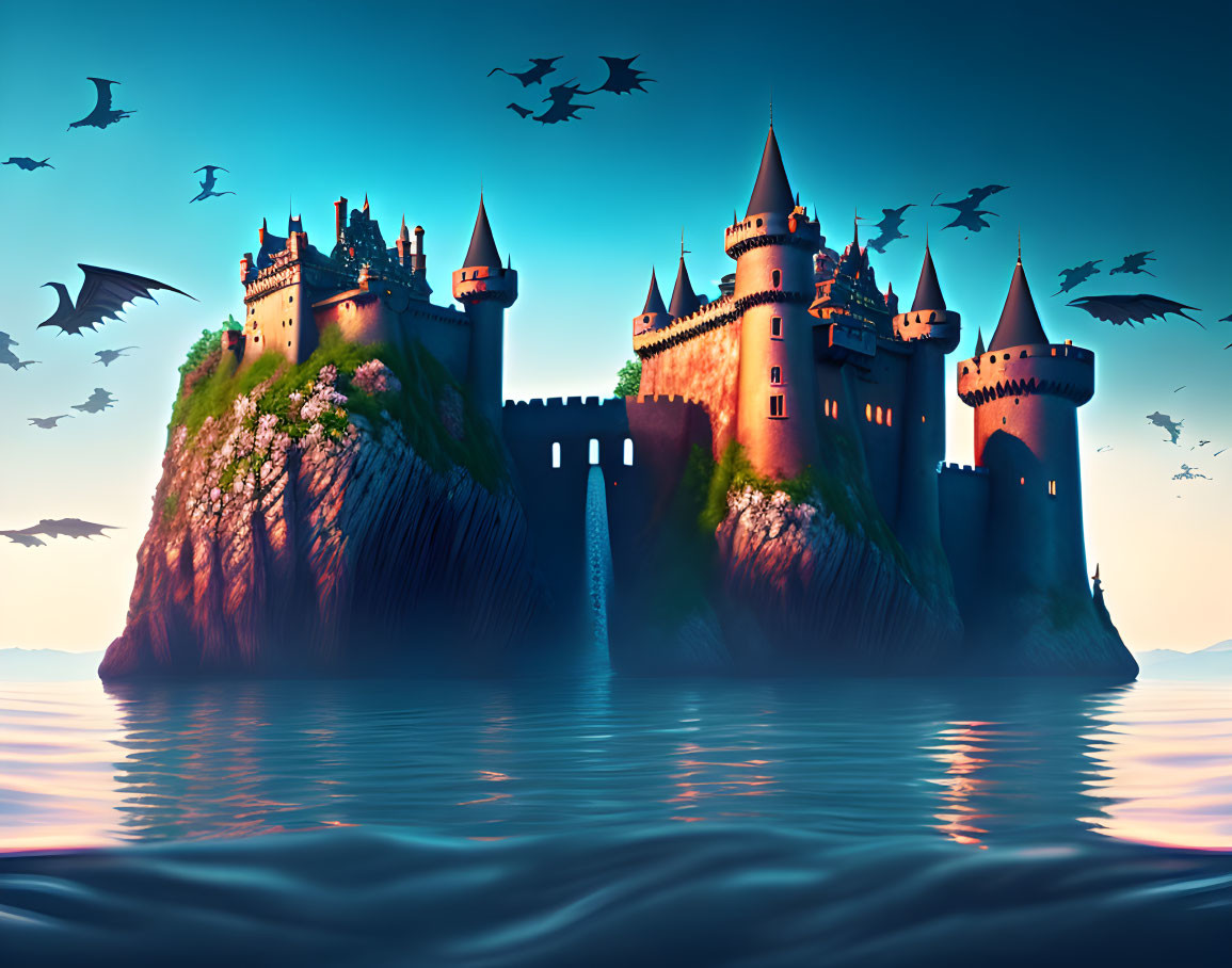 Majestic castle on rocky island at sunset with flying birds and calm waters