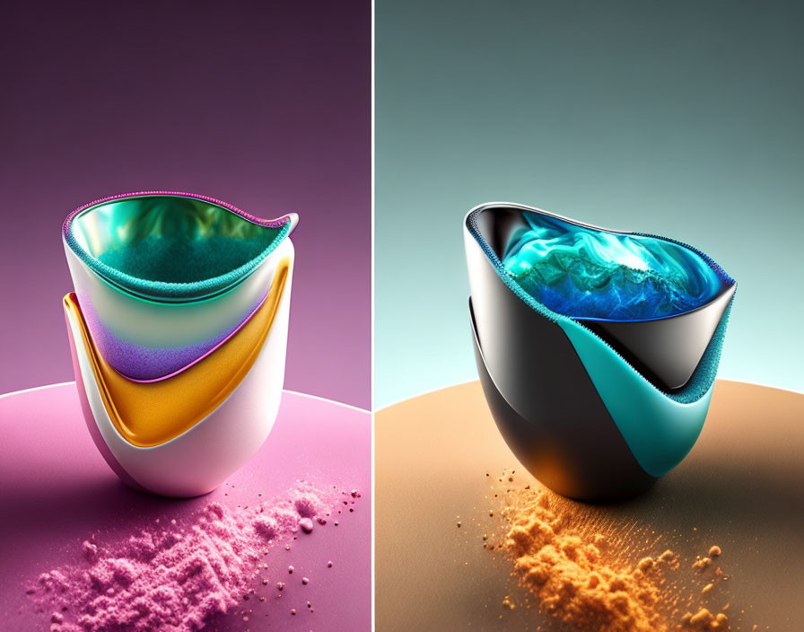 Colorful Stylized Bowls with Metallic Finish on Dual-Toned Background