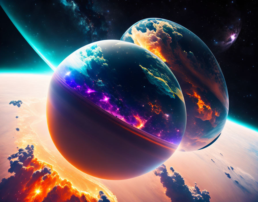 Colorful Space Scene with Three Celestial Bodies in Close Proximity