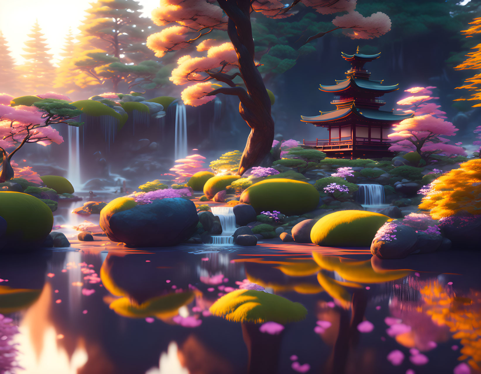 Tranquil fantasy landscape with pagoda, waterfalls, and vibrant flora