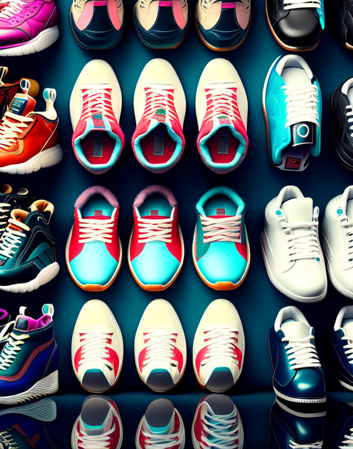 Assorted Colorful Sneakers in Pattern on Dark Background