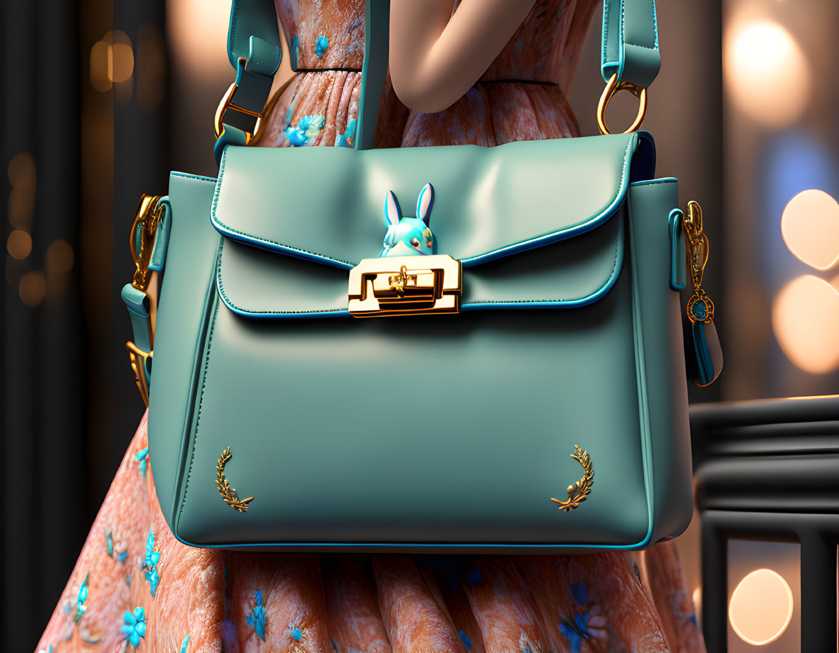 Teal designer handbag with golden clasp and rabbit figurine against cityscape at night