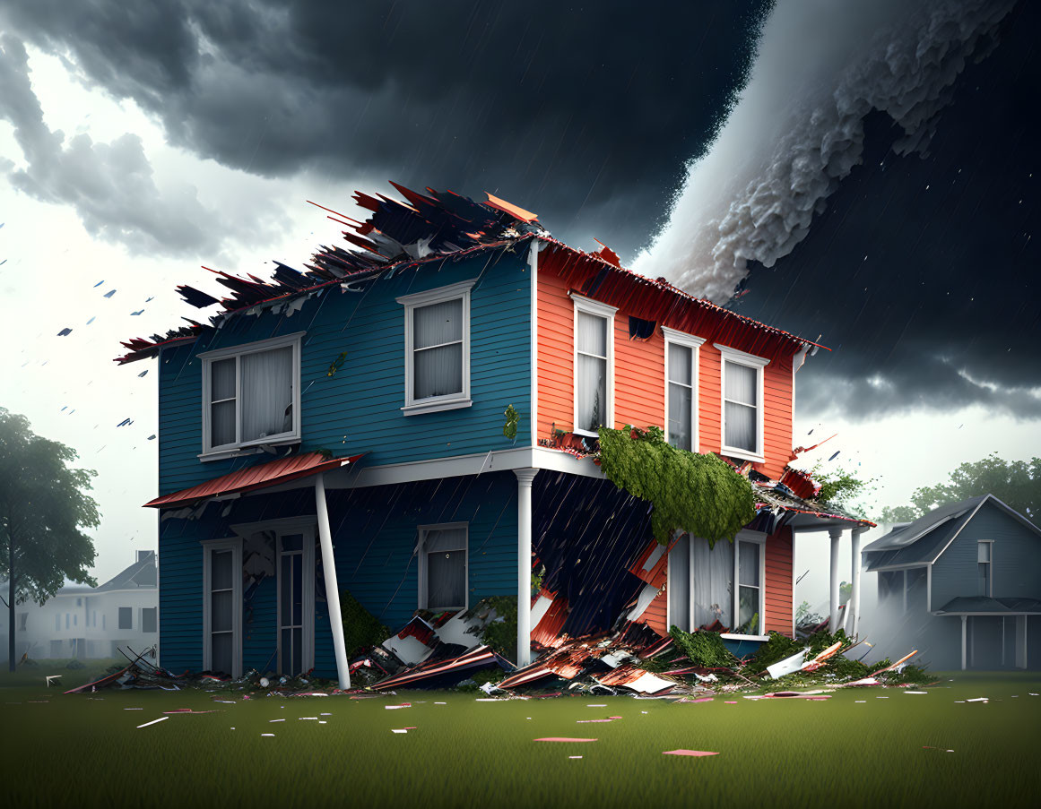 Two-story blue and red house destroyed by tornado in stormy sky