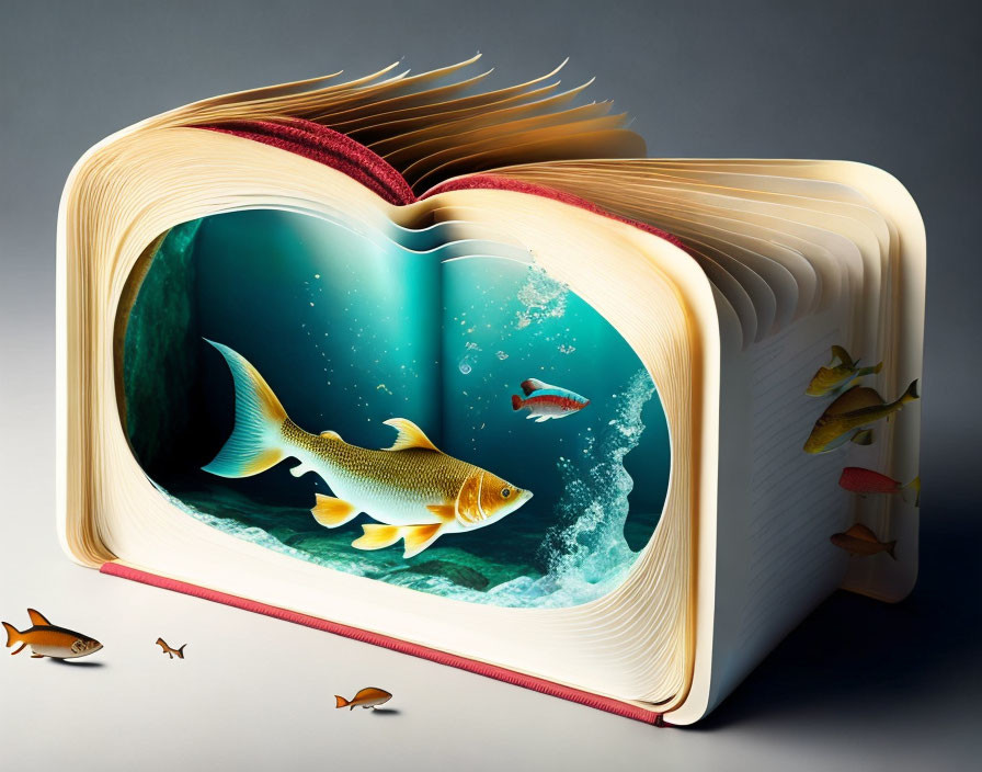 Open book sculpture featuring ocean scene with fish swimming in waves