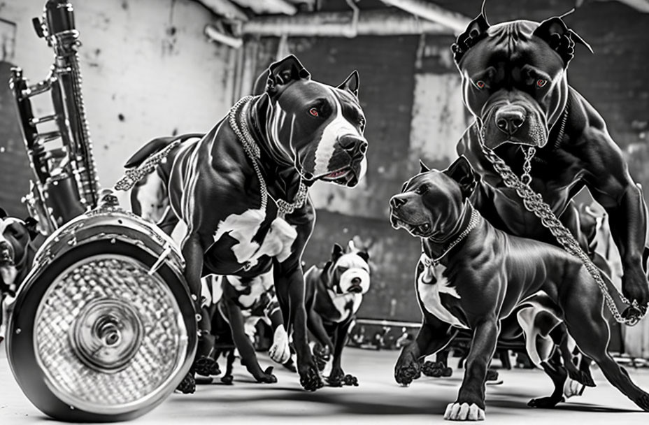 Urban scene with three confident dogs leading a group in chains