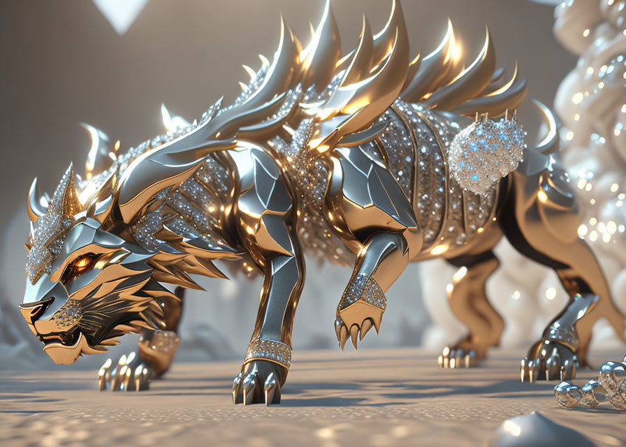 Intricate metallic dragon with armor on gleaming floor