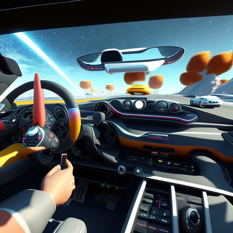 Colorful Futuristic Car Interior Driving on Highway with Advanced Vehicles