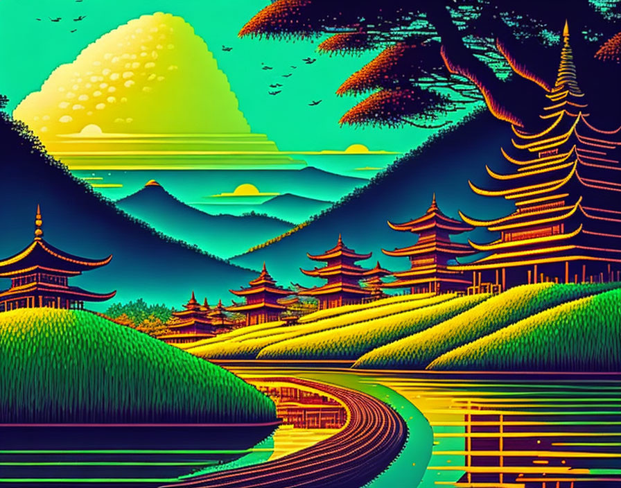 Stylized Asian landscape with pagodas, greenery, mountains, and winding road