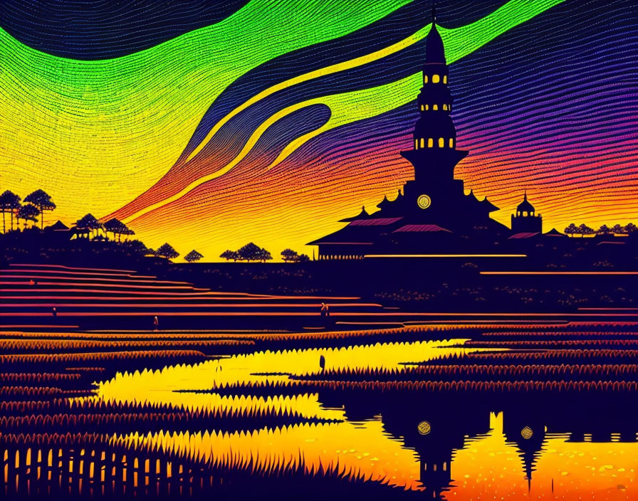 Colorful sunset gradient digital art with pagoda silhouette on patterned sky and water reflection