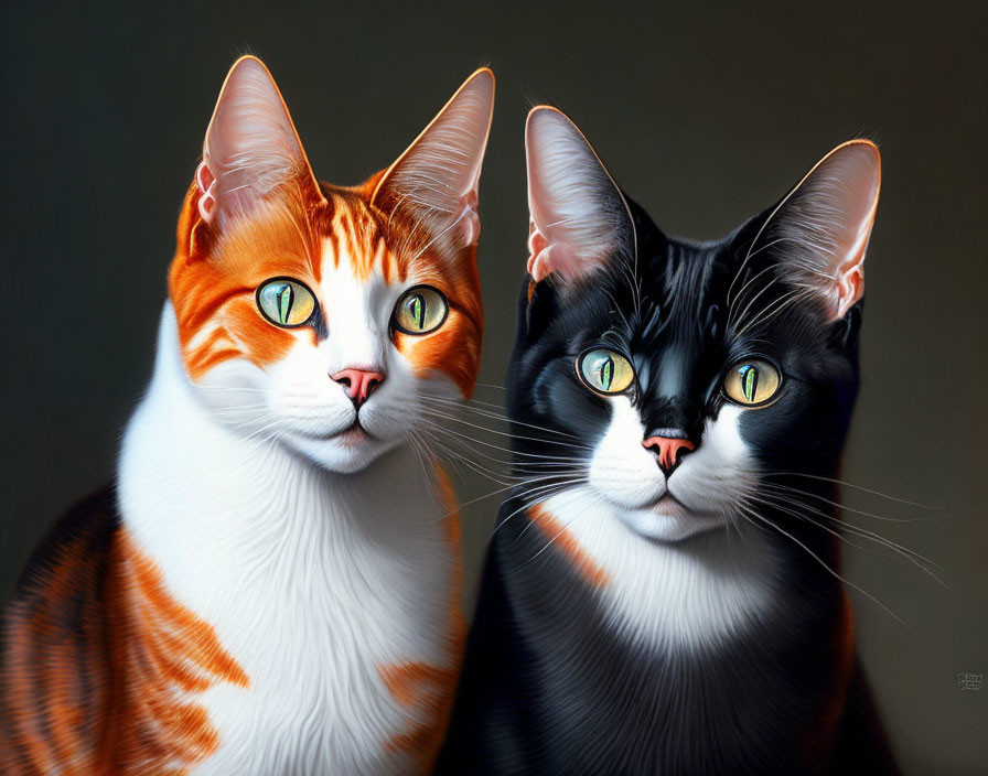 Two Cats with Striking Green Eyes, One Orange and White, the Other Black and White, Close