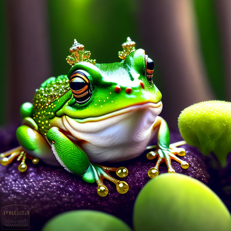 Vivid Green Frog with Orange Eyes on Purple Surface