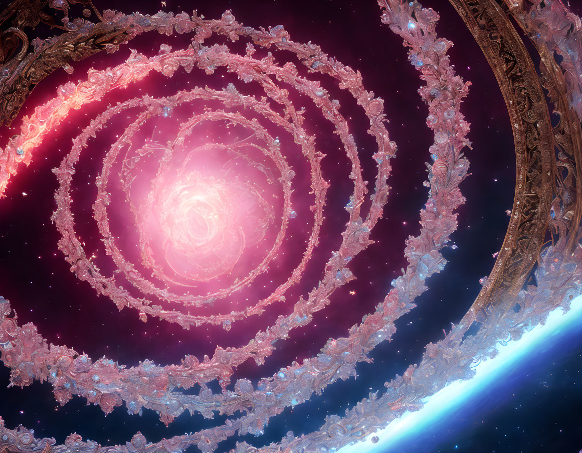 Intricate cosmic spiral with rose-like patterns on starry background