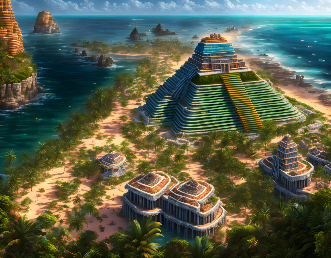 Ancient Mesoamerican city with step pyramids and palm trees on a sunlit tropical coastline