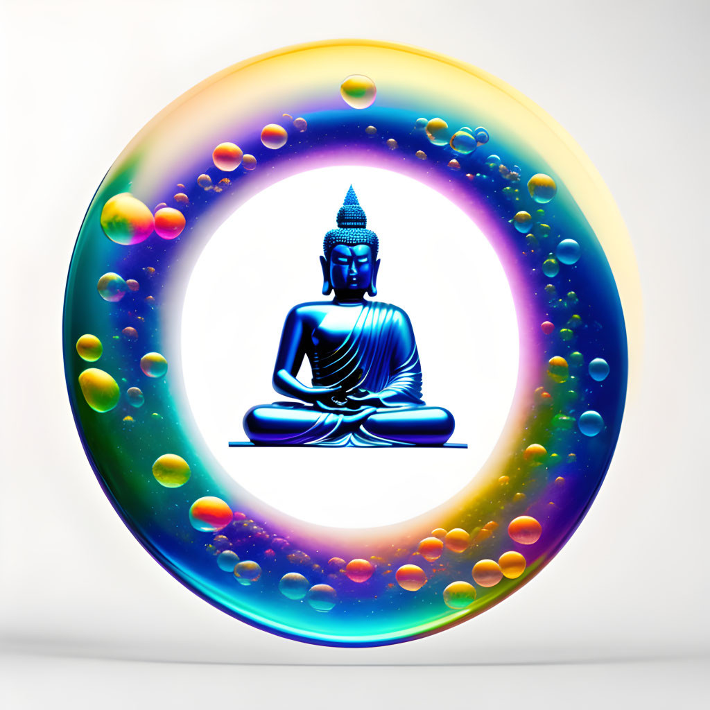 Blue Buddha statue in iridescent ring on white background