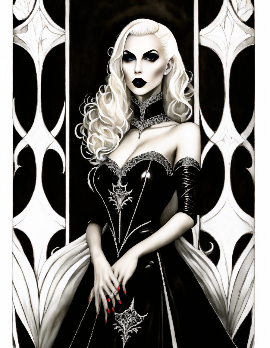 Pale woman with platinum blonde hair in gothic black gown against monochromatic backdrop