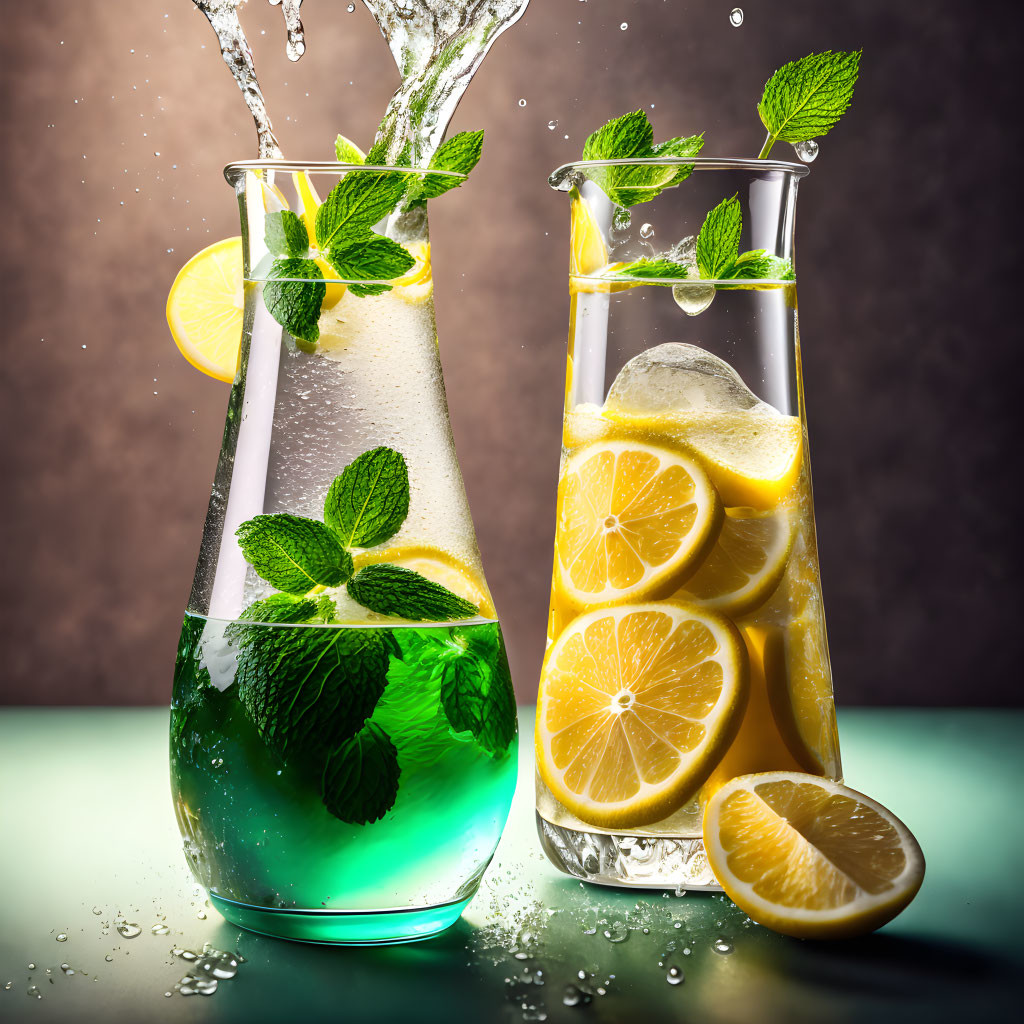 Colorful liquid and mint leaves in one pitcher, lemon slices in water in another, on reflective surface