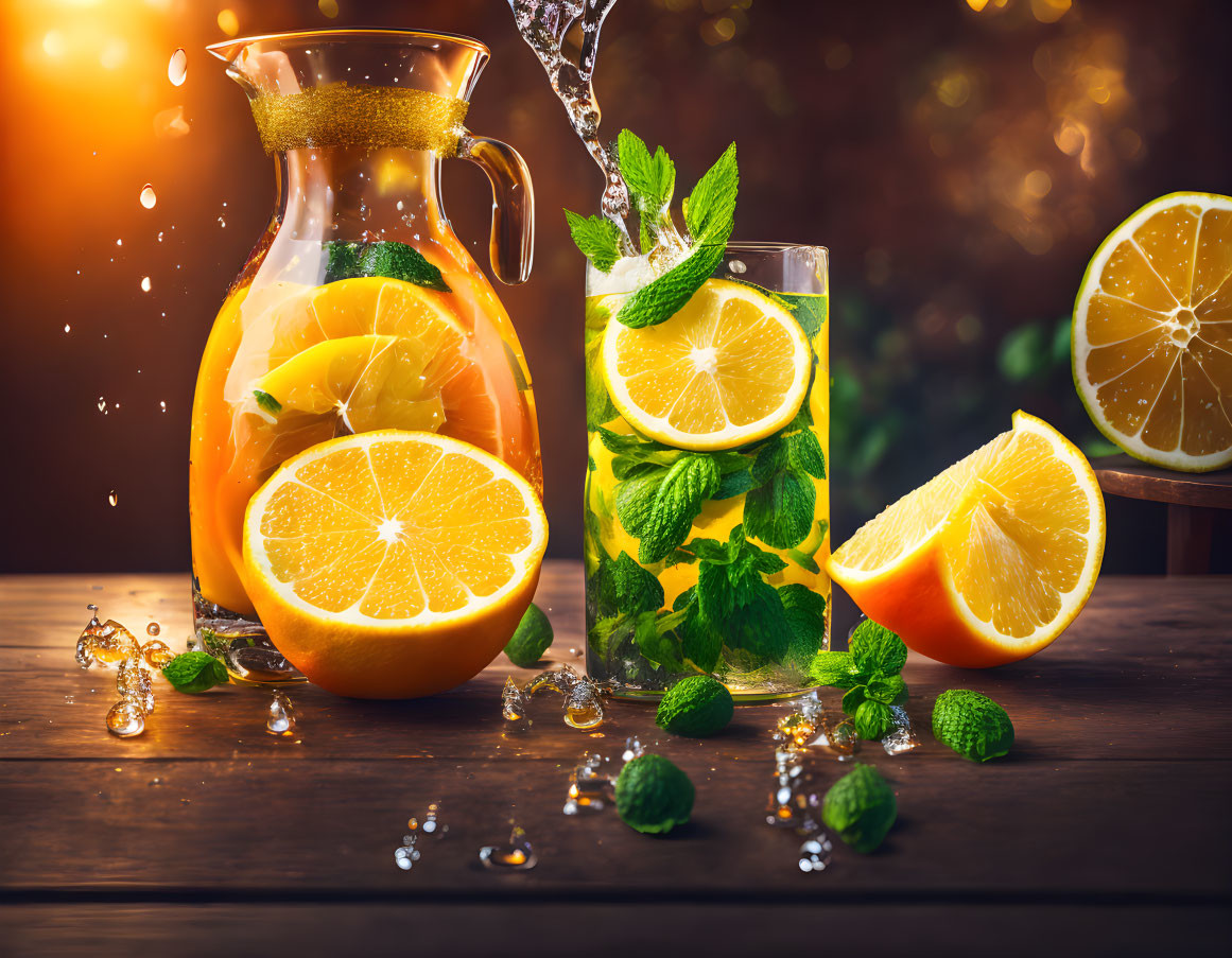 Citrus-infused water pitcher and glass with lemon slices and mint on wooden surface