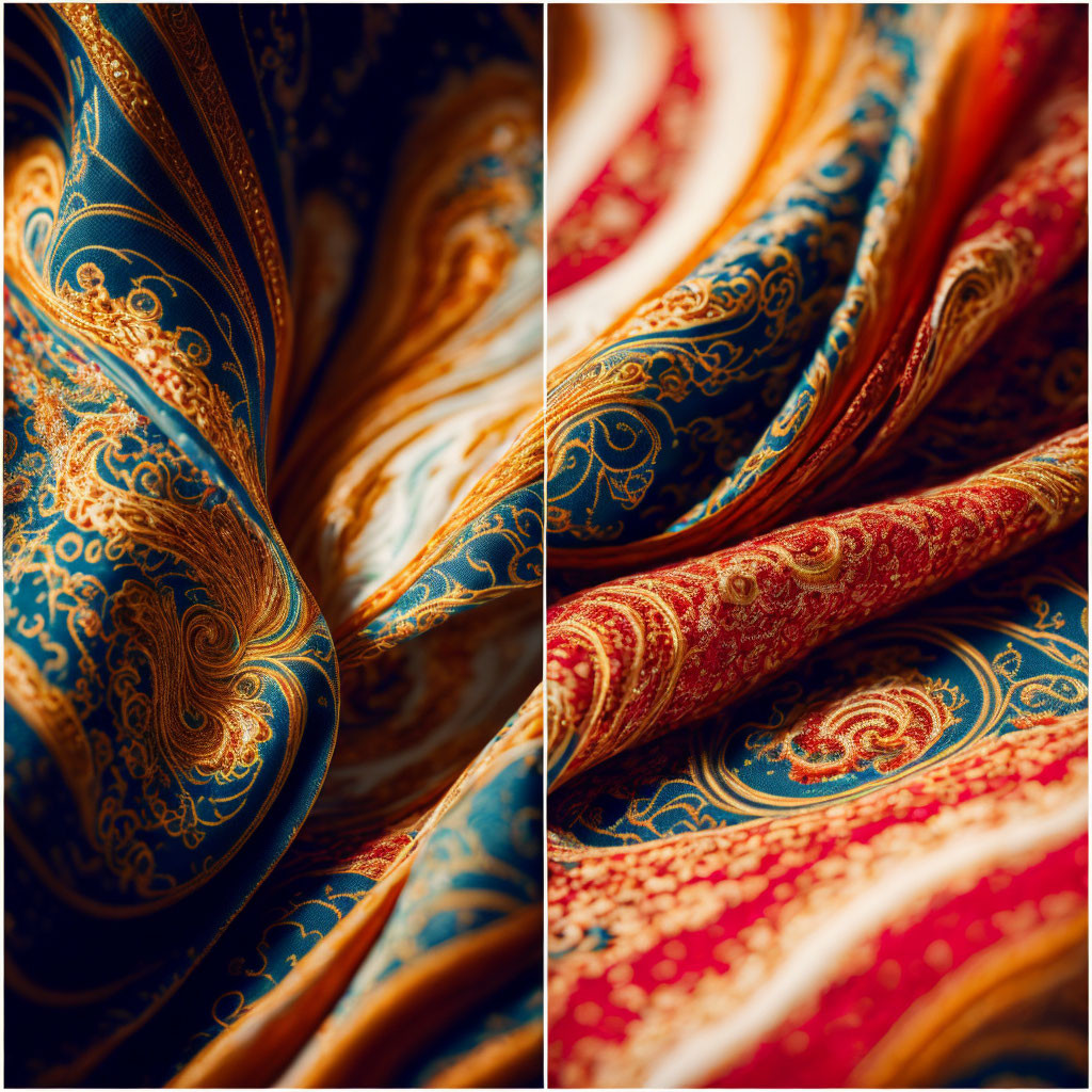 Detailed Close-Up of Luxurious Paisley Pattern Fabrics in Blue, Gold, and Red