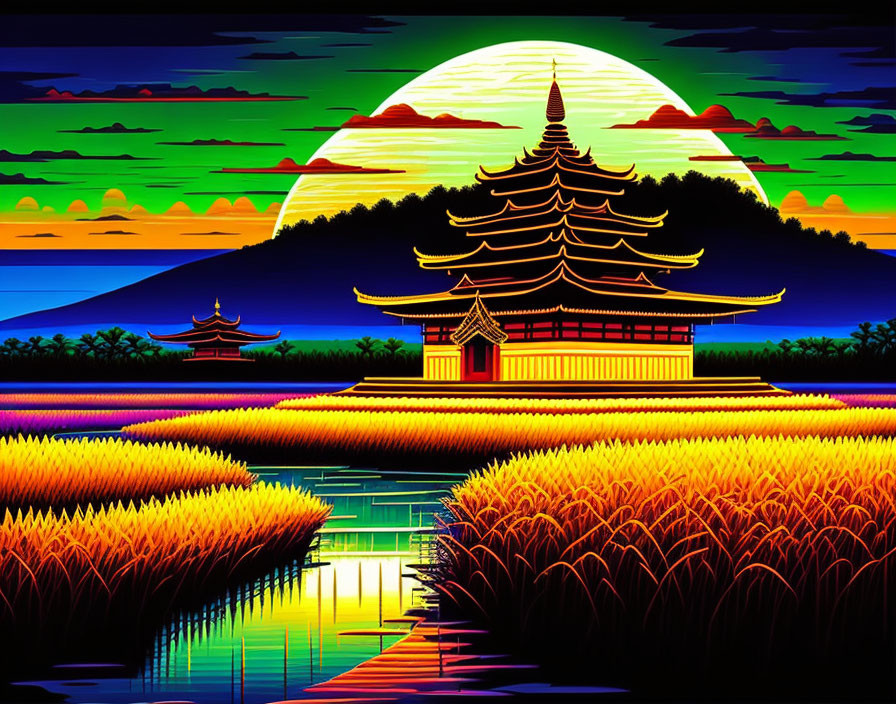 Digital artwork: Traditional Asian scene with pagodas, setting sun, and colorful fields.