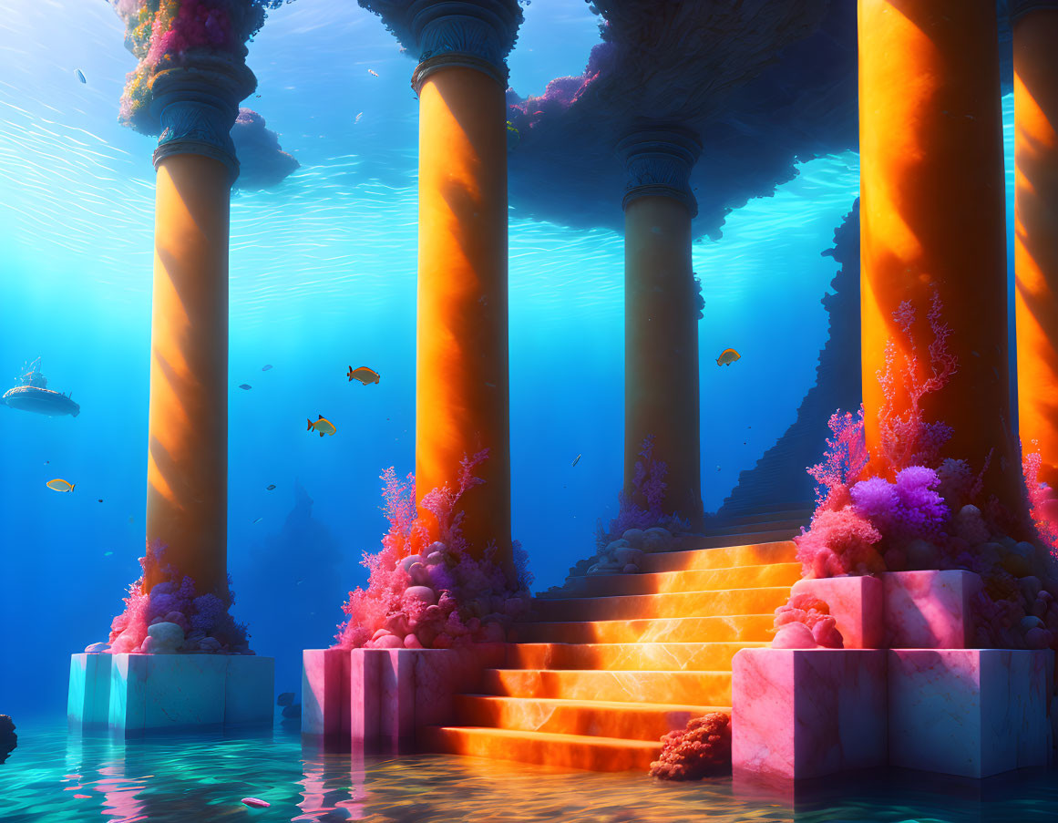 Sunlit Underwater Coral Columns with Fish in Blue Ocean