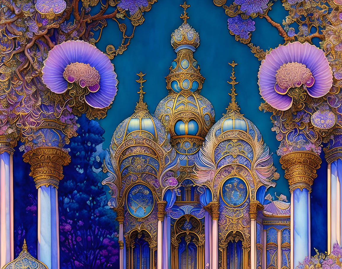 Fantastical architecture illustration in vibrant blues and purples