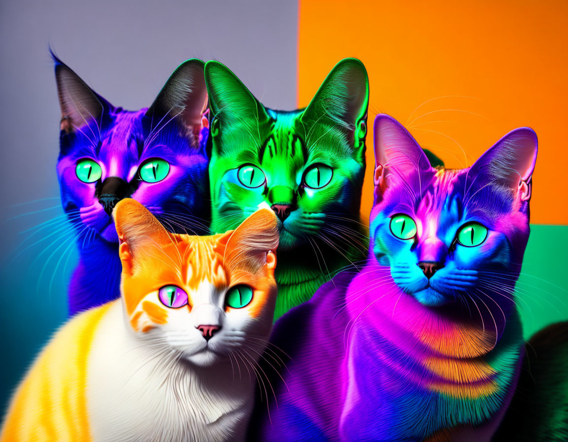 Vibrant multicolored cats on abstract colorful background