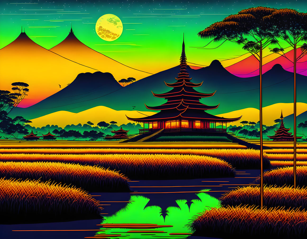 Tranquil Japanese landscape at dusk with pagoda, mountains, full moon, lush fields, neon