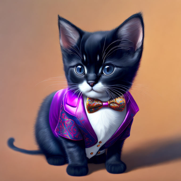 Adorable digital illustration of tuxedo kitten in purple vest and bow tie