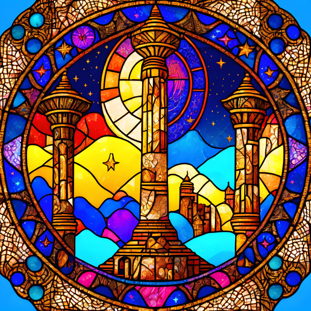 Circular stained glass window with starry skies, columns, and architectural motifs