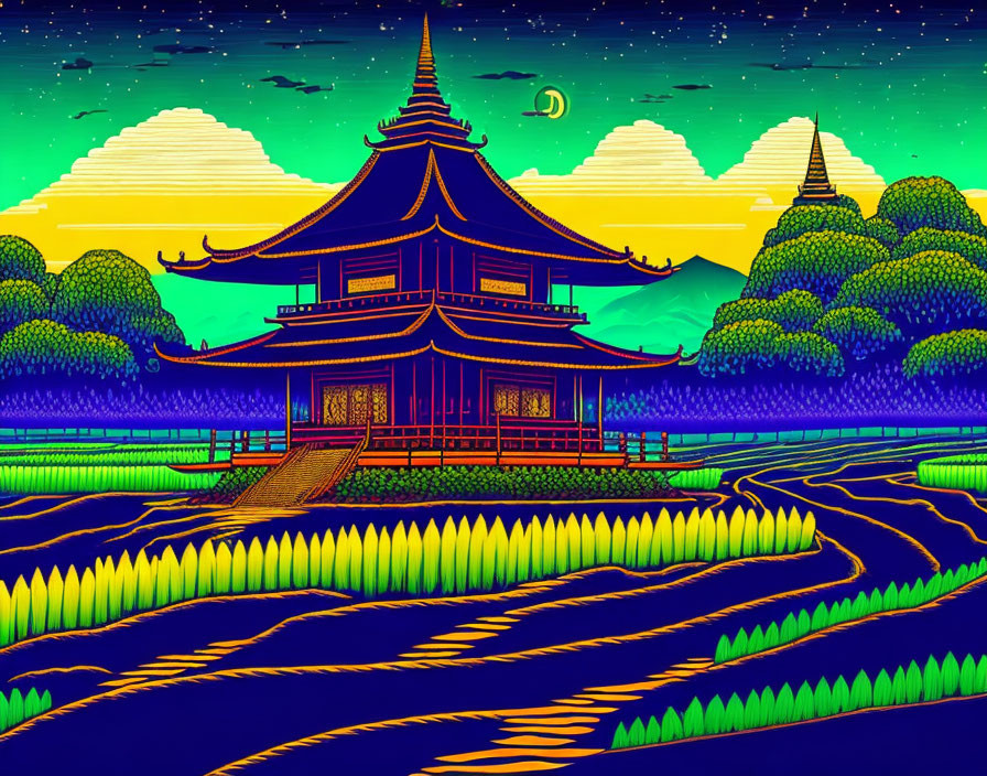 Digital art: Asian pagoda at twilight with rice terraces and mountain backdrop