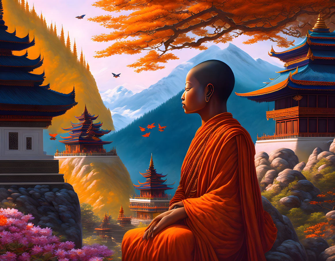 Monk meditating in orange robes in serene autumn landscape