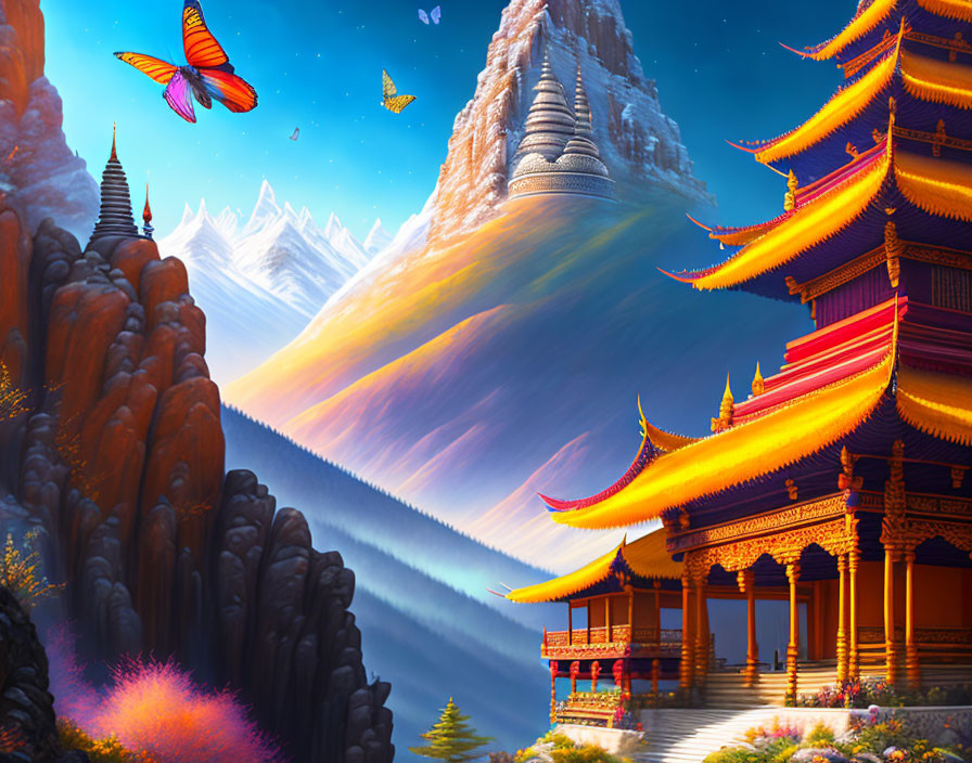 Fantasy landscape with Asian pagodas, mountains, butterflies, and mist.