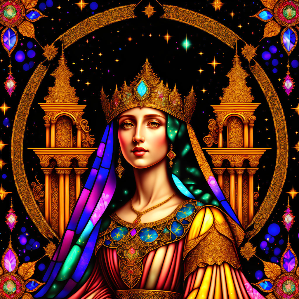 Royal woman portrait with crown, stained glass effects, night sky, stars, and gem motifs