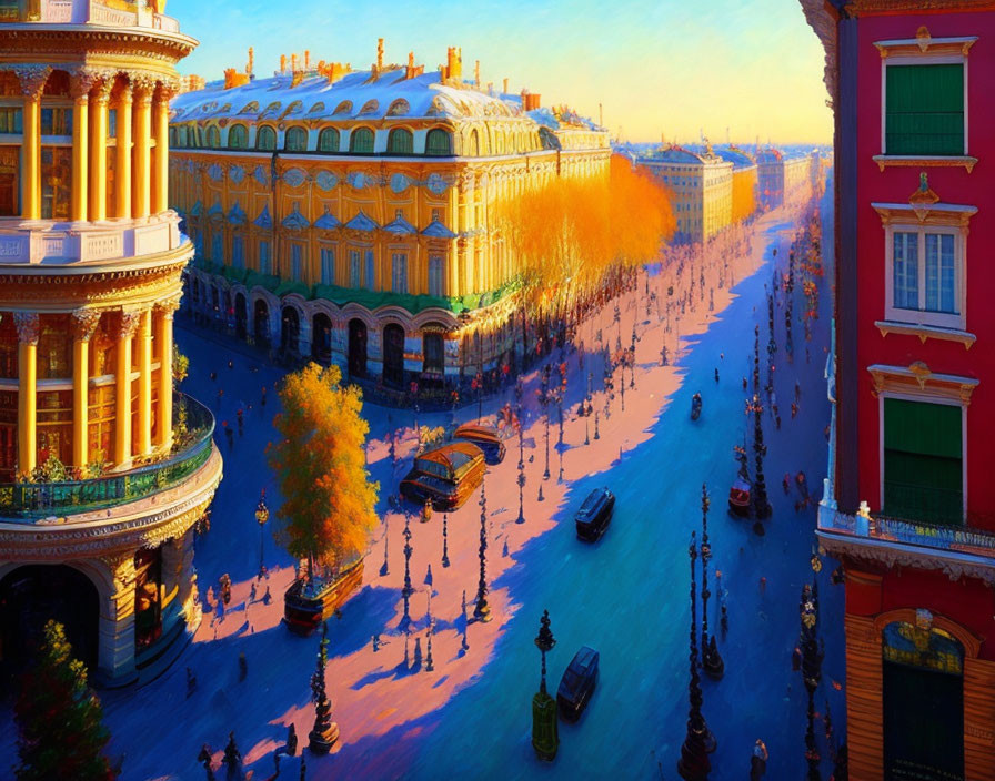 City street painting at sunset with golden hues and pedestrians.