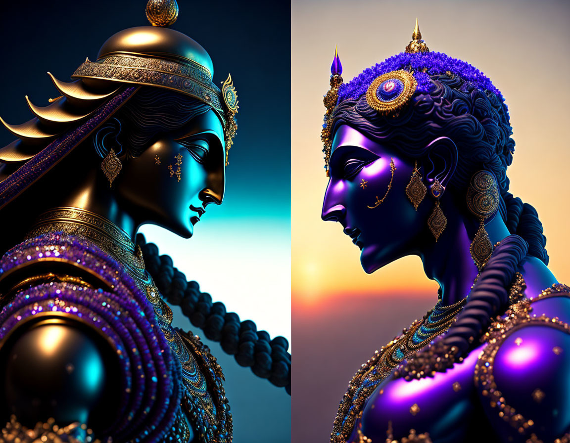 Split image art: Ornate blue-skinned figures in headdresses against colorful sky