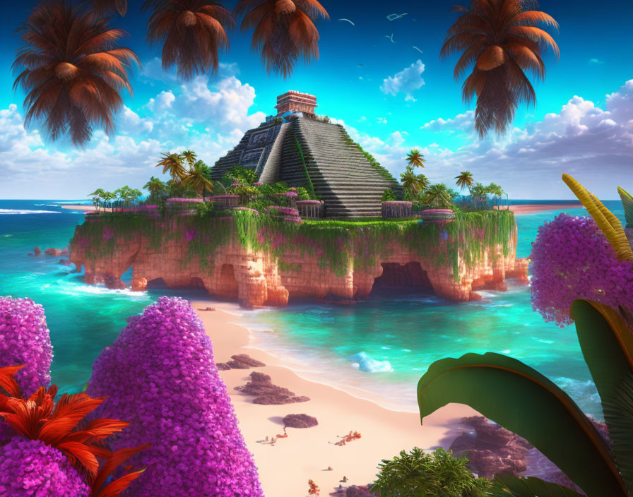 Majestic Mayan pyramid in vibrant tropical landscape