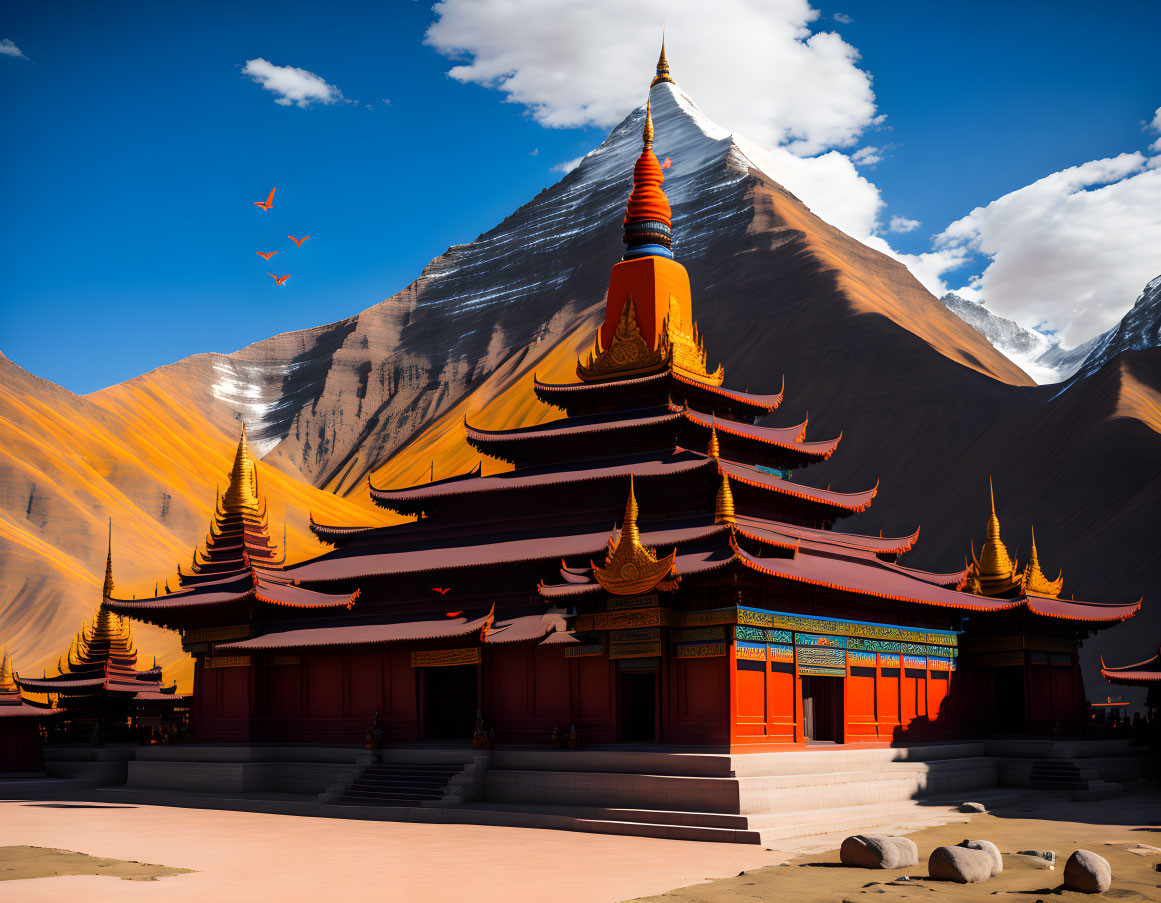 Traditional Asian pagoda with red and gold tiers against mountain backdrop