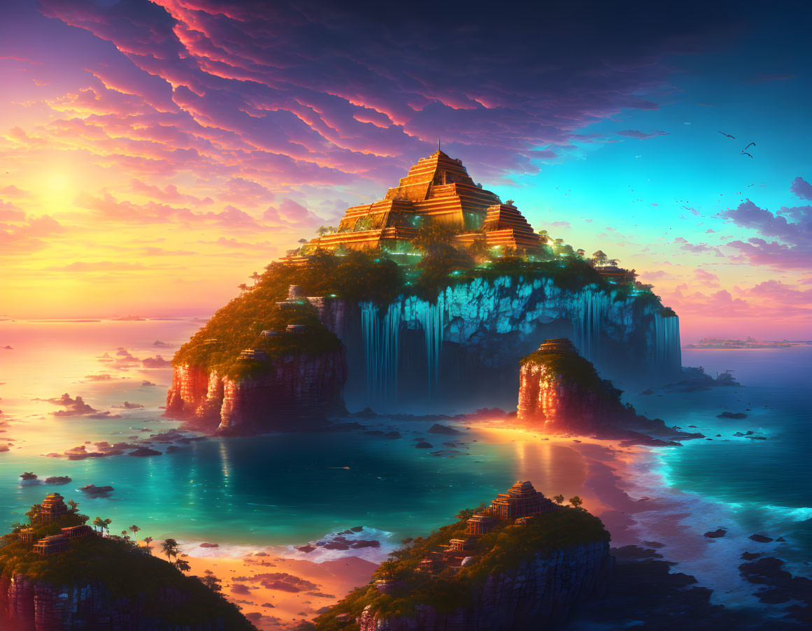 Majestic temple on island at sunset with cascading waterfalls