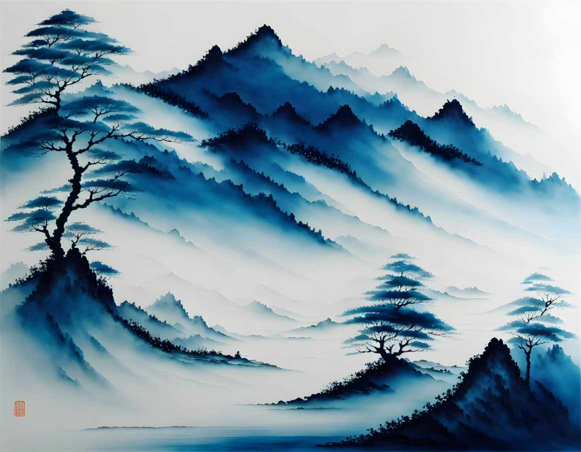 Traditional Asian Ink Wash Painting: Blue Mountains, Pine Trees, Misty Background