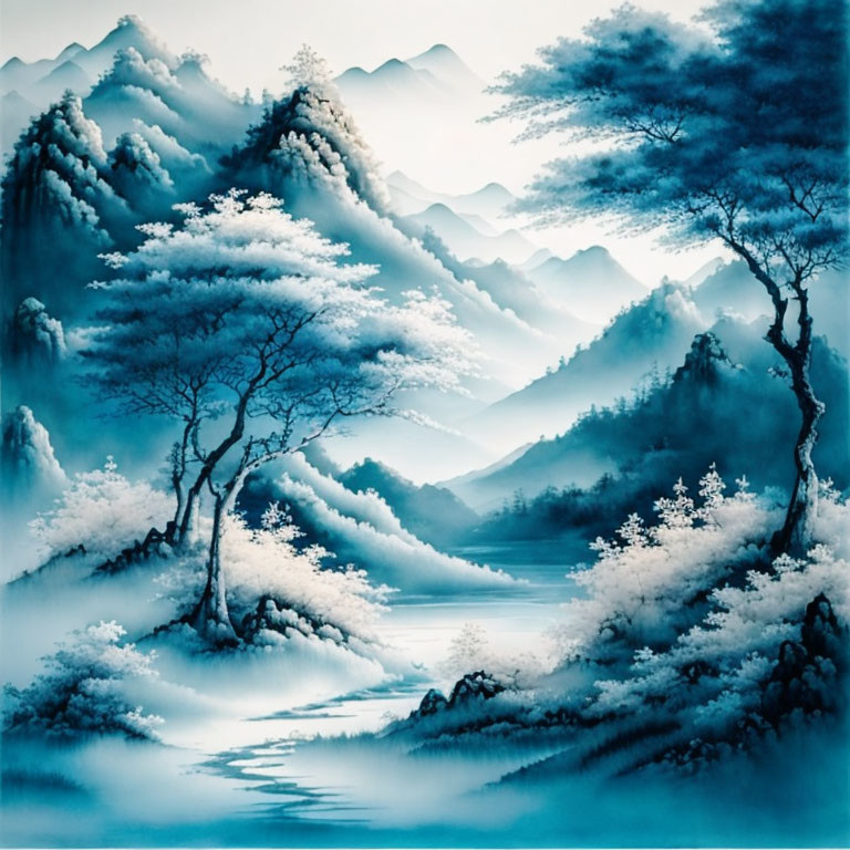 Snow-covered trees, mountains, and river in serene blue-toned painting