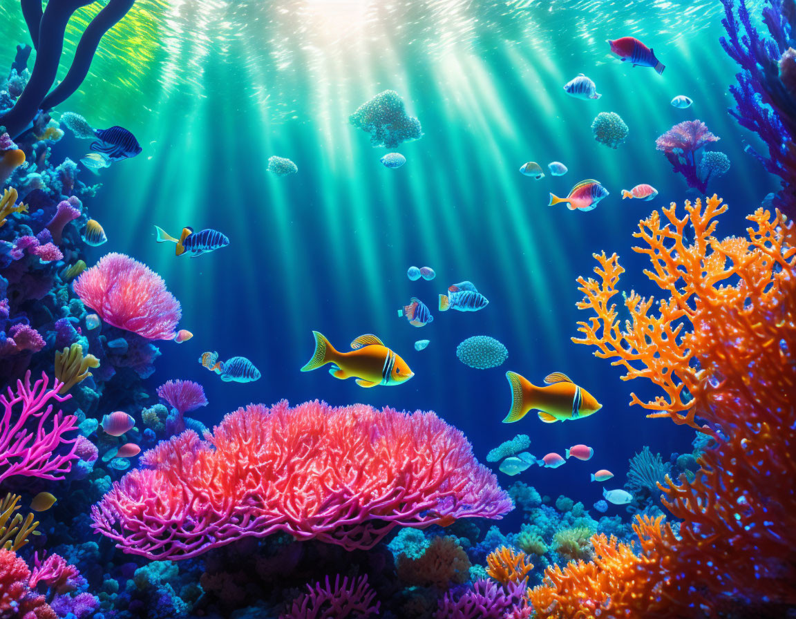 Colorful Coral Reef and Tropical Fish in Vibrant Underwater Scene