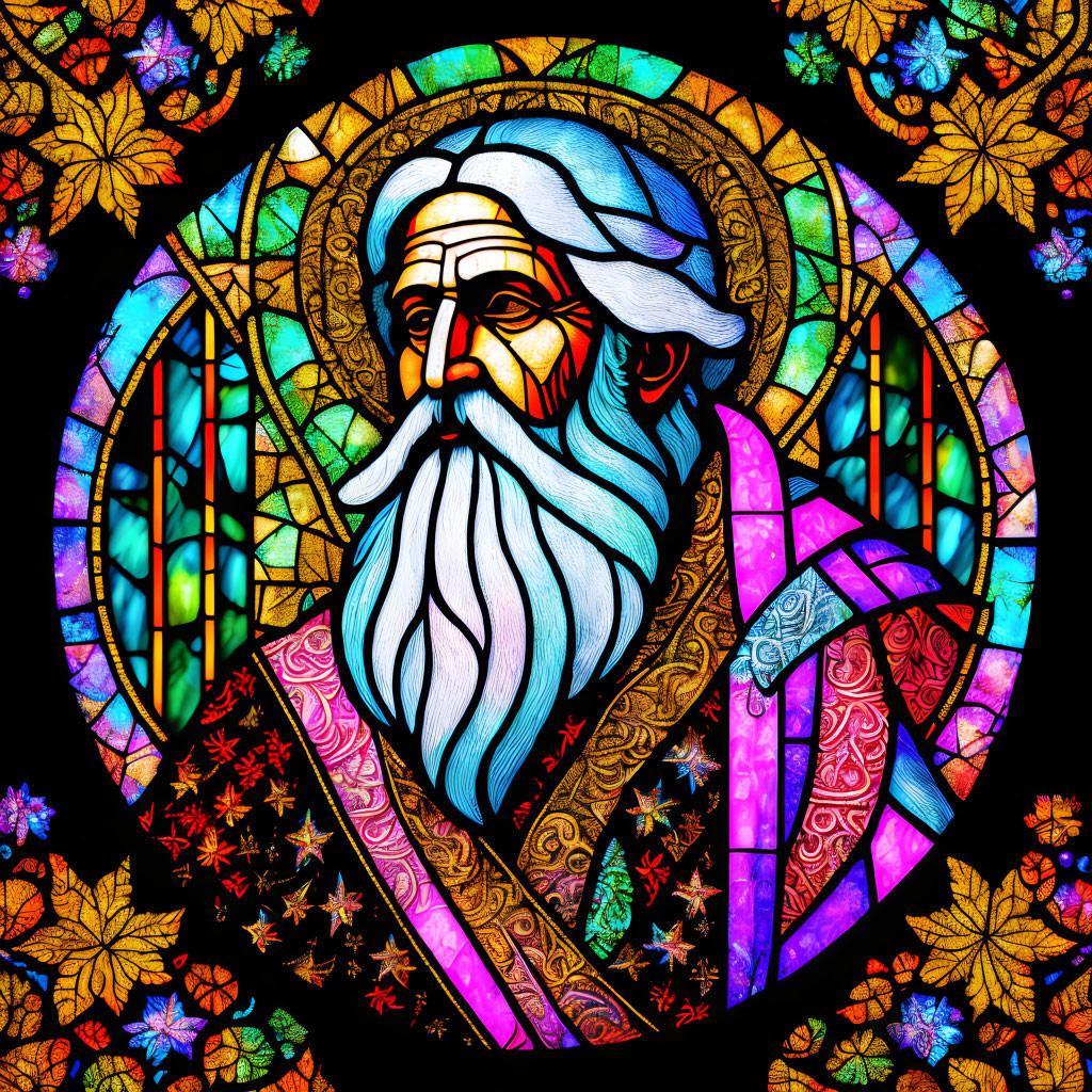 Vibrant stained glass portrait of a bearded man with staff and leafy frame