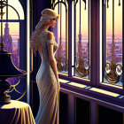 Woman in ornate dress gazes from luxurious room at sunset